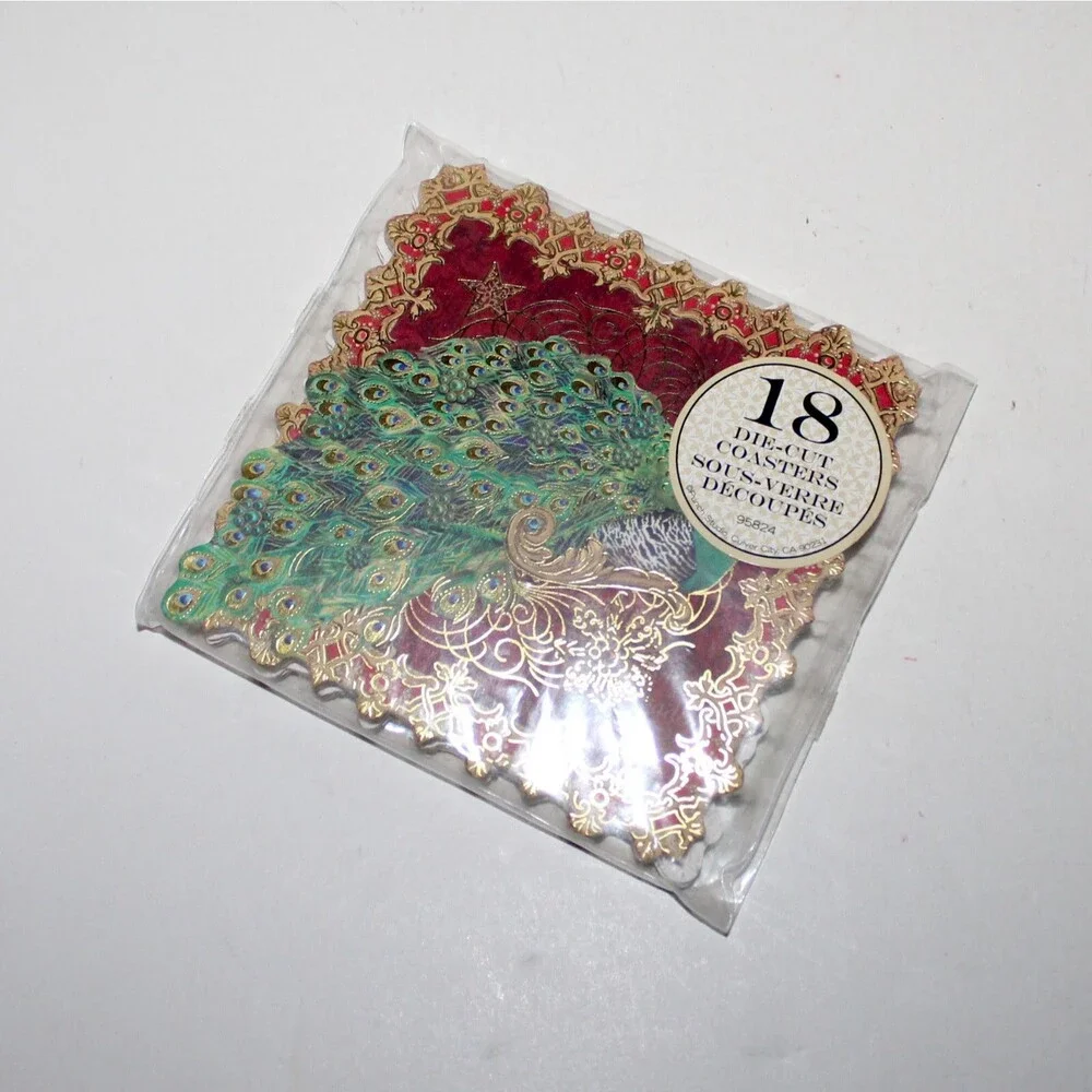 Set 18 Coasters Punch Studio Peacock red gold square party paper 4
